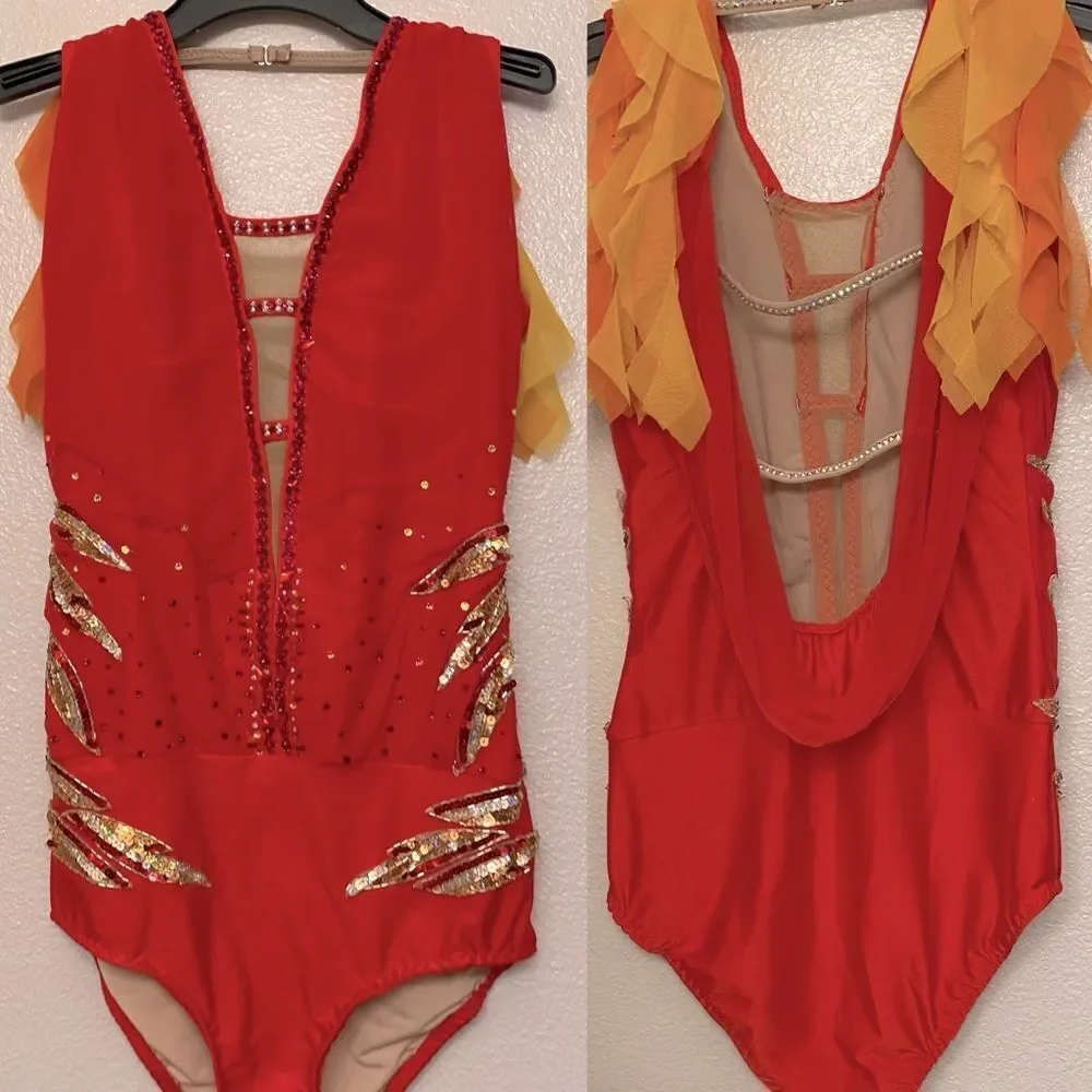 Fire flame Custom Solo lyrical embellished rhinestone Dance Costume LA adult